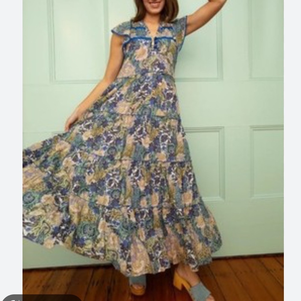 Anna Cate Louisa Maxi Midi Tiered Dress Large Cottagecore Boho Blue Purple